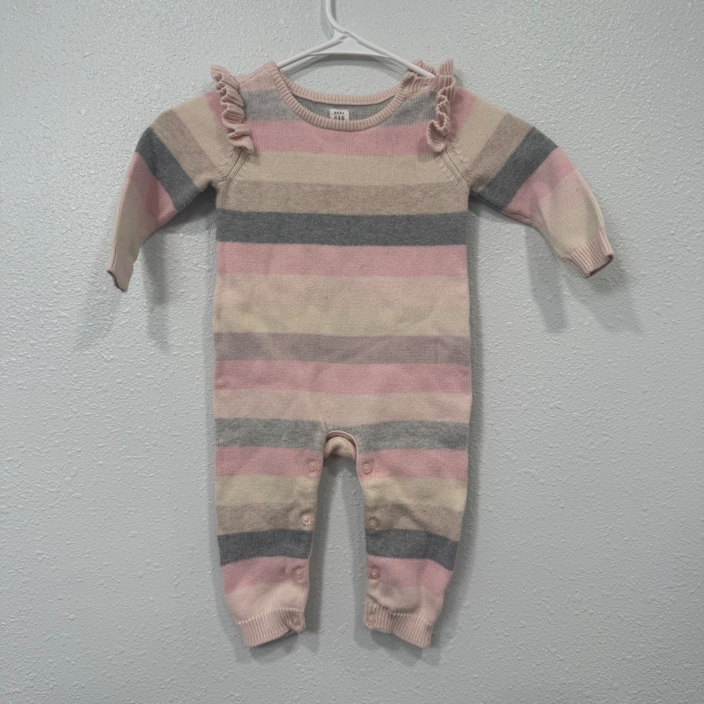 Baby Gap‎ Striped Knit Romper Pink Cream Grey Ruffle Shoulder 12-18 Months